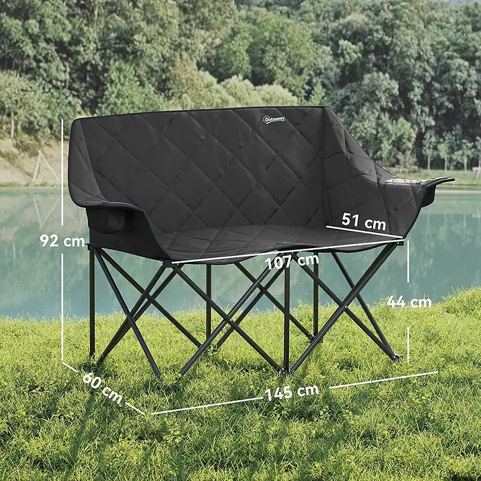 Outsunny Campingstuhl - 600D Oxford-Gewebe, Metall, Klappbar, Schwarz - Outsunny schwarze gesteppte Klapp-Campingbank mit Metallrahmen, ideal für den Außenbereich.