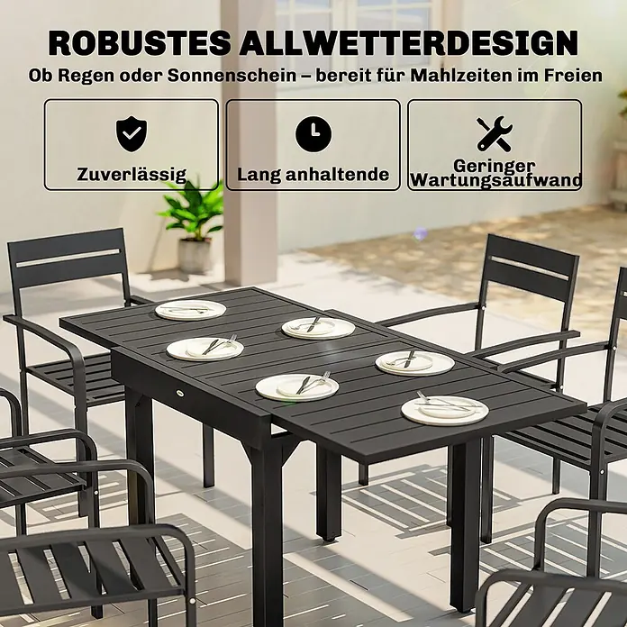 Outsunny Gartentisch - L x B x H: 160 x 80 x 75 cm, Aluminium, Stahl, Schwarz - Schwarzes Metall-Gartenmöbelset mit robustem Allwetterdesign, für Mahlzeiten auf der Terrasse.