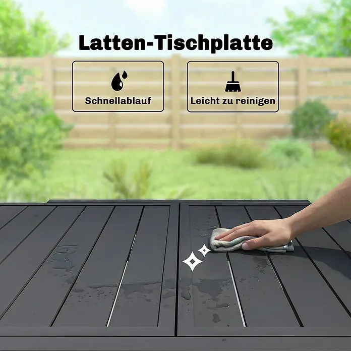 Outsunny Gartentisch - L x B x H: 160 x 80 x 75 cm, Aluminium, Stahl, Schwarz - Dunkelgraue Latten-Tischplatte mit Wasser, die von einer Hand abgewischt wird, demonstriert schnelle Entwässerung und leichte Reinigung für den Außenbereich.
