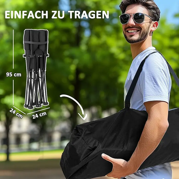 Outsunny Campingstuhl - 600D Oxford-Gewebe, Metall, Klappbar, Schwarz - Schwarzer klappbarer Gegenstand (95x24x24cm) kompakt und in Tragetasche, von Mann getragen.