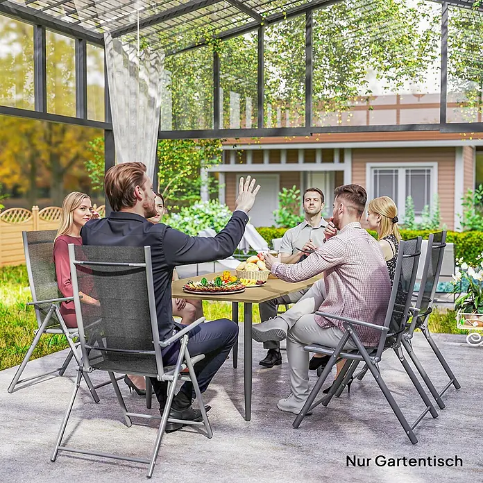 Outsunny Gartentisch - L x B x H: 150 x 90 x 73 cm, Stahl, Metall, Braun - Gartentisch aus Holz mit grauem Gestell, von Personen auf einer Terrasse genutzt.