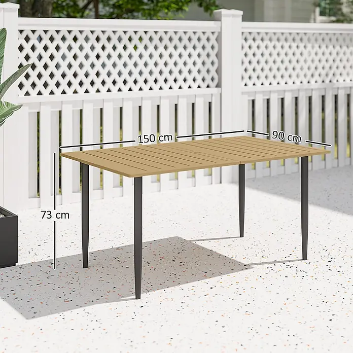 Outsunny Gartentisch - L x B x H: 150 x 90 x 73 cm, Stahl, Metall, Braun - Gartentisch mit hellbrauner Lattenplatte und dunkelgrauen Beinen, 150 cm lang, 90 cm breit und 73 cm hoch.