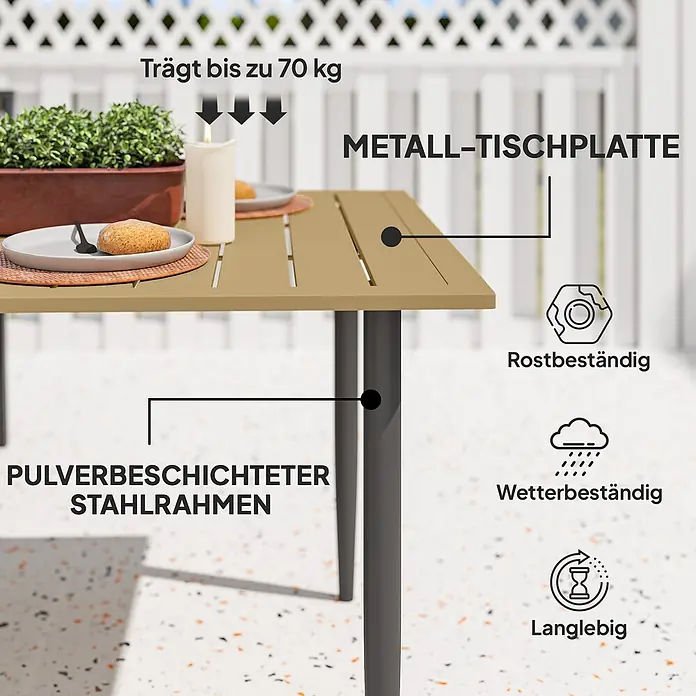 Outsunny Gartentisch - L x B x H: 150 x 90 x 73 cm, Stahl, Metall, Braun - Gartentisch mit olivgrüner Metallplatte und dunklem pulverbeschichtetem Stahlrahmen. Robust, wetterbeständig und langlebig, trägt bis zu 70 kg.