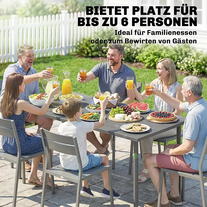 Outsunny Gartentisch - L x B x H: 165 x 80 x 74 cm, Metall, Stahl, Rechteckig, Dunkelgrau - Graue Outdoor-Essgruppe mit Tisch und sechs Stühlen, bietet Platz für bis zu 6 Personen.
