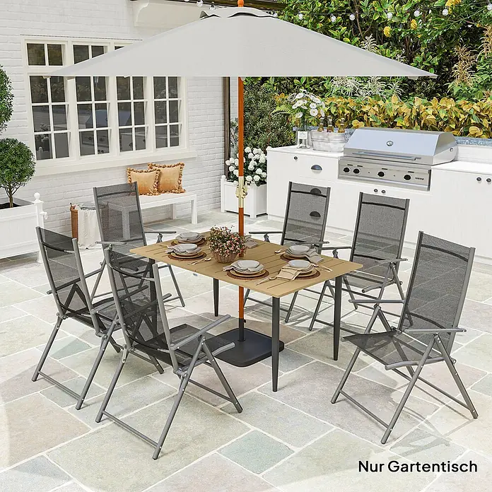 Outsunny Gartentisch - L x B x H: 150 x 90 x 73 cm, Stahl, Metall, Braun - Rechteckiger Gartentisch mit heller Holzplatte und dunkelgrauen Beinen, für ein Essen auf der Terrasse gedeckt.