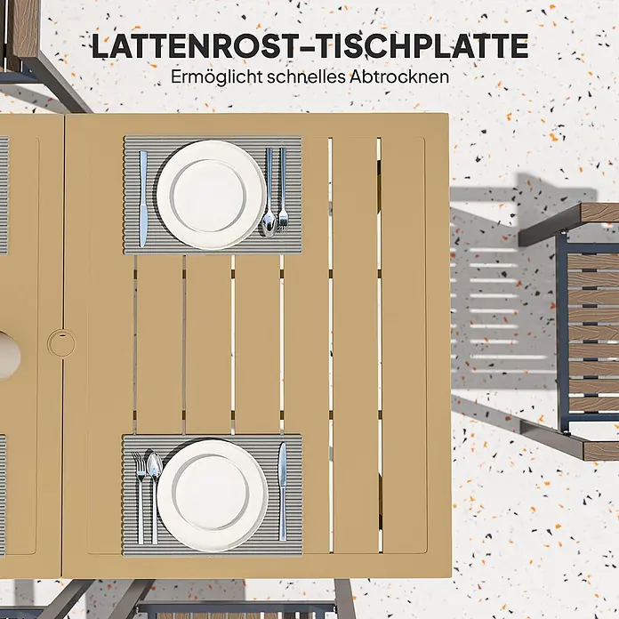 Outsunny Gartentisch - L x B x H: 150 x 90 x 73 cm, Stahl, Metall, Braun - Hellbraune Lamellen-Esstischplatte für den Außenbereich, mit schnell trocknendem Design, für zwei Personen gedeckt.