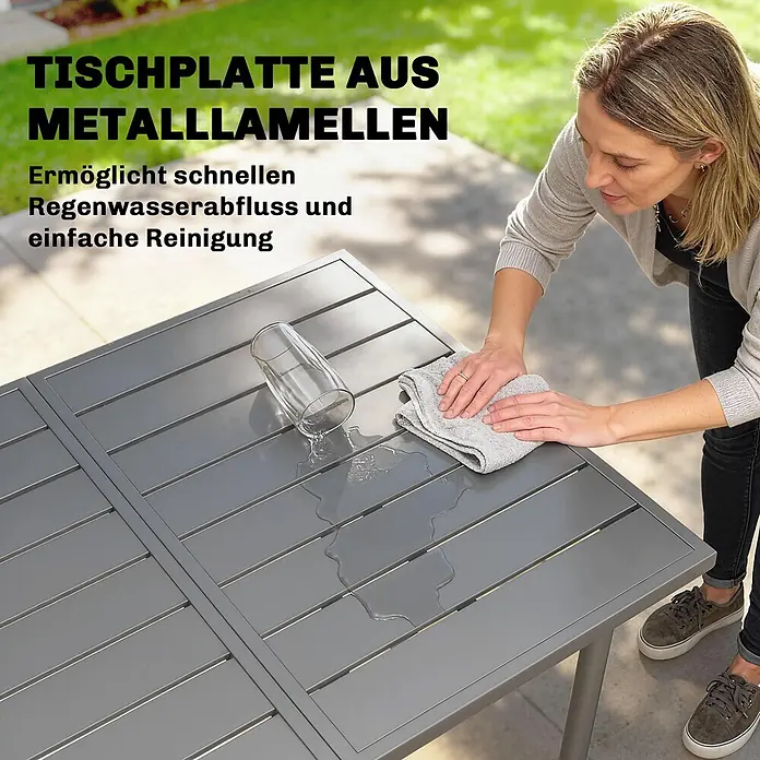 Outsunny Gartentisch - L x B x H: 165 x 80 x 74 cm, Metall, Stahl, Rechteckig, Dunkelgrau - Grauer Tisch aus Metalllamellen wird gereinigt, betont einfache Reinigung und schnellen Wasserablauf.