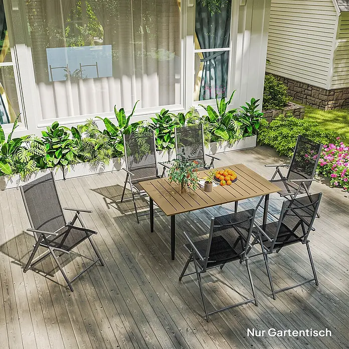 Outsunny Gartentisch - L x B x H: 150 x 90 x 73 cm, Stahl, Metall, Braun - Gartentisch aus Holz mit Lattenplatte und dunklen Beinen, draußen für Mahlzeiten aufgestellt.