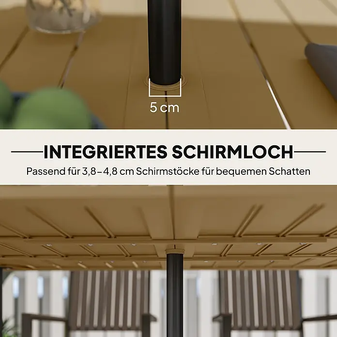 Outsunny Gartentisch - L x B x H: 150 x 90 x 73 cm, Stahl, Metall, Braun - Hellbrauner Tisch mit integriertem 5 cm Schirmloch, passend für 3,8-4,8 cm Schirmstöcke für angenehmen Schatten.