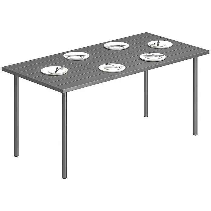 Outsunny Gartentisch - L x B x H: 165 x 80 x 74 cm, Metall, Stahl, Rechteckig, Dunkelgrau - Rechteckiger grauer Lattenrosttisch, gedeckt mit 6 weißen Tellern und Besteck.