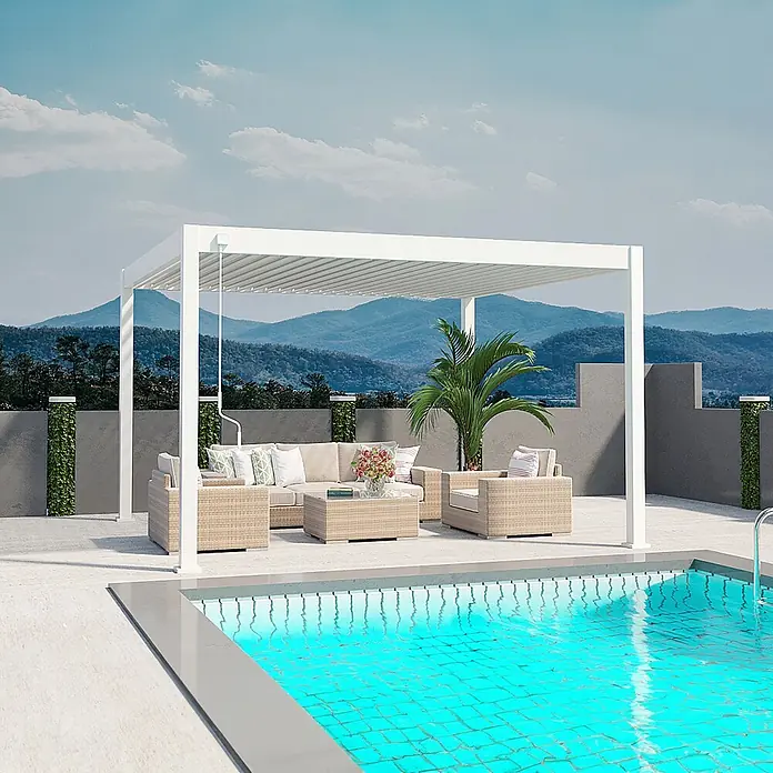 Weide Pergola Deluxe freistehend 3,6 x 4 m Weiß Aluminium - B x T: 400 x 360 cm, Farbe Gestell: Sandpapier FinishWeiss / RAL Farbcode 9016, Aluminium - Weiße Lamellen-Pergola über einer Terrassen-Sitzgruppe am Pool, spendet Schatten und Schutz im Freien.