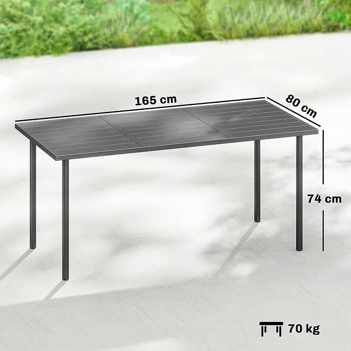 Outsunny Gartentisch - L x B x H: 165 x 80 x 74 cm, Metall, Stahl, Rechteckig, Dunkelgrau - Grauer Metall-Gartentisch auf einer Terrasse. Maße: 165x80x74 cm, 70 kg.