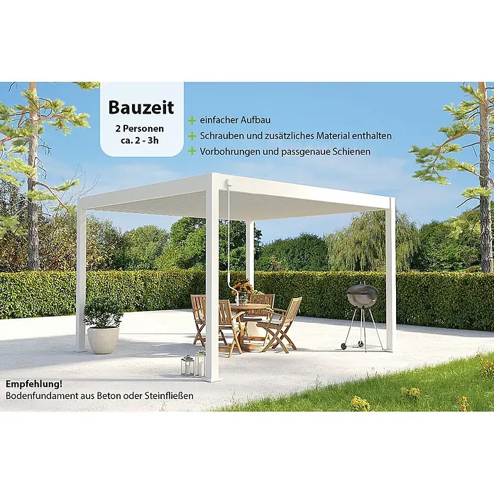Weide Pergola Deluxe freistehend Aluminium 3,6 x 4 m Weiß - B x T: 400 x 360 cm, Farbe Gestell: Sandpapier FinishWeiss / RAL Farbcode 9016, Aluminium - Weiße moderne Pergola spendet Schatten über einem Terrassen-Essbereich im Garten.