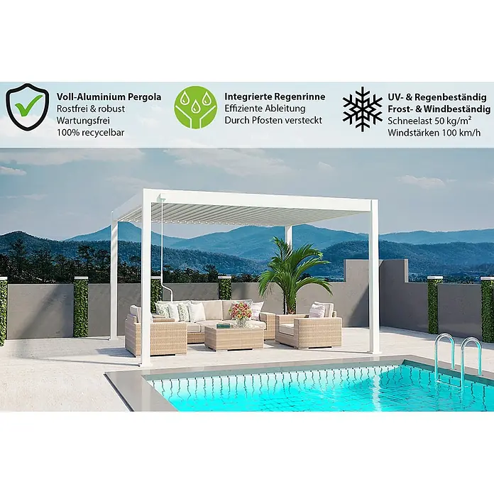 Weide Pergola Deluxe freistehend Aluminium 3,6 x 4 m Weiß - B x T: 400 x 360 cm, Farbe Gestell: Sandpapier FinishWeiss / RAL Farbcode 9016, Aluminium - Weiße Aluminium-Pergola über einer modernen Terrasse mit Gartenmöbeln und Pool, vor einer Bergkulisse.