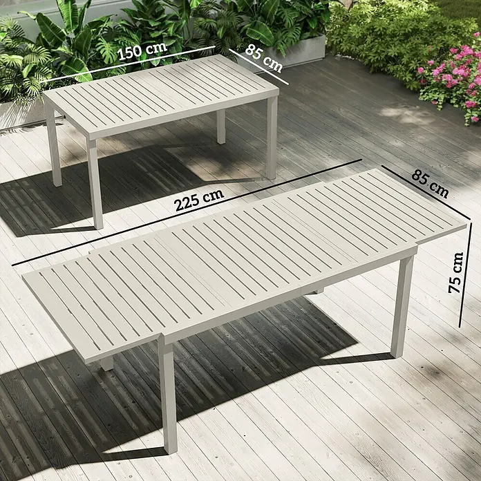 Outsunny Gartentisch - L x B x H: 225 x 85 x 75 cm, Aluminium, Weiß - Zwei hellbeige ausziehbare Gartentische mit Lattenoberflächen auf einer Holzterrasse, einer kompakt und einer ausgezogen, zeigen ihre vielseitigen Größen.