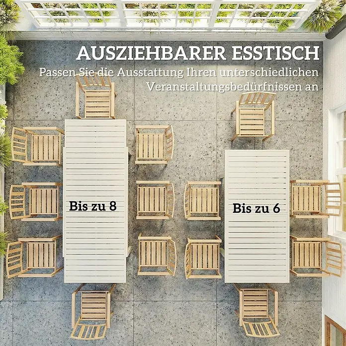 Outsunny Gartentisch - L x B x H: 225 x 85 x 75 cm, Aluminium, Weiß - Zwei ausziehbare Esstische und Stühle aus hellem Holz/weiß für den Außenbereich, flexibel für 8 und 6 Personen auf einer Terrasse.