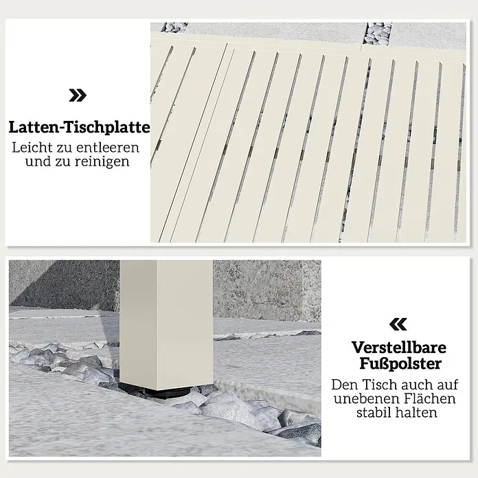 Outsunny Gartentisch - L x B x H: 225 x 85 x 75 cm, Aluminium, Weiß - Cremefarbene Latten-Tischplatte, leicht zu reinigen. Verstellbare Fußpolster für Stabilität auf unebenem Untergrund.