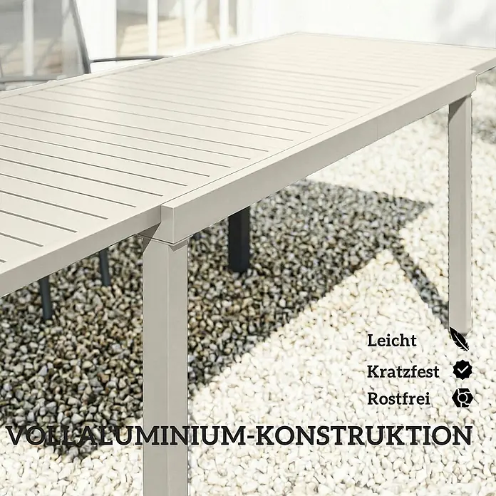 Outsunny Gartentisch - L x B x H: 225 x 85 x 75 cm, Aluminium, Weiß - Heller, lamellenförmiger Aluminium-Gartentisch in Beige. Vollaluminium-Konstruktion, kratzfest, rostfrei und leicht.
