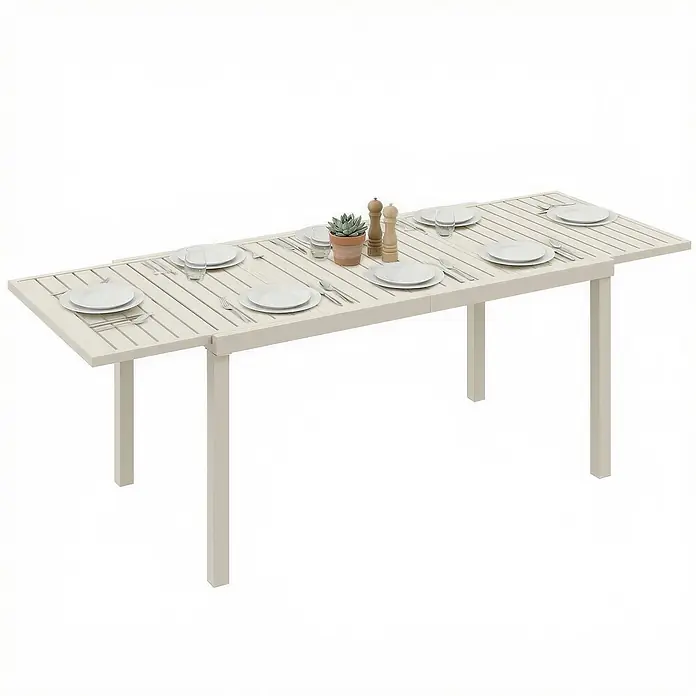 Outsunny Gartentisch - L x B x H: 225 x 85 x 75 cm, Aluminium, Weiß - Hellbeiger ausziehbarer Lamellen-Esstisch für den Außenbereich, für sechs Personen gedeckt, mit Pflanze und Gewürzstreuern.