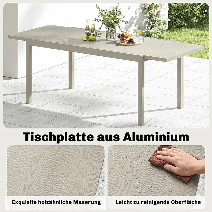 Outsunny Gartentisch - L x B x H: 214 x 85 x 75 cm, Aluminium, Stahl, Hellgrau - Hellgrauer Aluminium-Outdoor-Esstisch mit Holzmaserung und leicht zu reinigender Oberfläche, auf einer Terrasse abgebildet.
