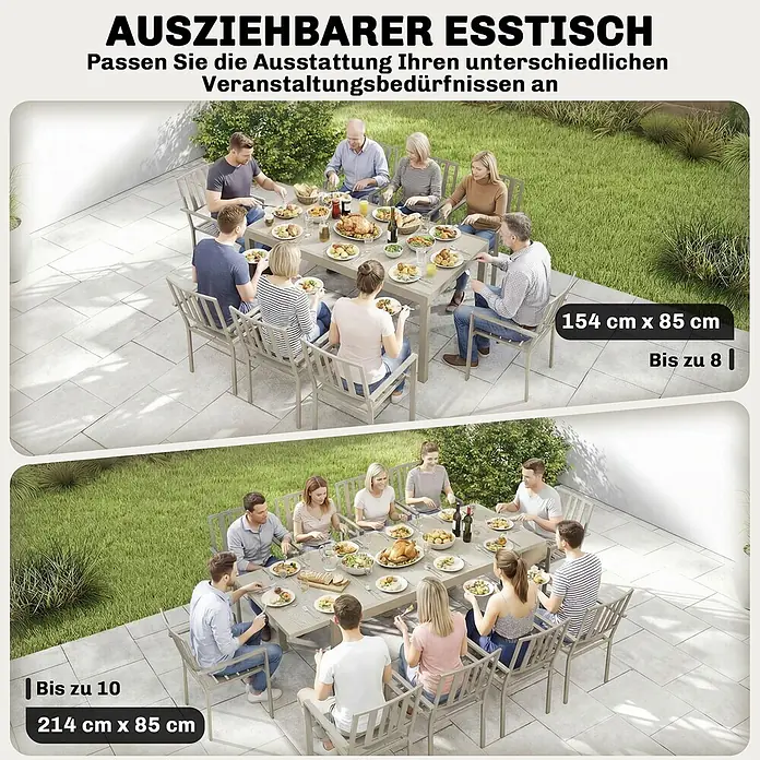 Outsunny Gartentisch - L x B x H: 214 x 85 x 75 cm, Aluminium, Stahl, Hellgrau - Ausziehbarer grauer Esstisch für draußen, gezeigt mit 8 und 10 Personen, betonend seine variable Länge.