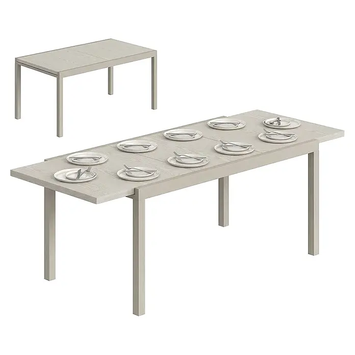 Outsunny Gartentisch - L x B x H: 214 x 85 x 75 cm, Aluminium, Stahl, Hellgrau - Heller, holzimitierter Esstisch mit Ausziehfunktion, kompakt und ausgezogen mit Gedecken dargestellt.