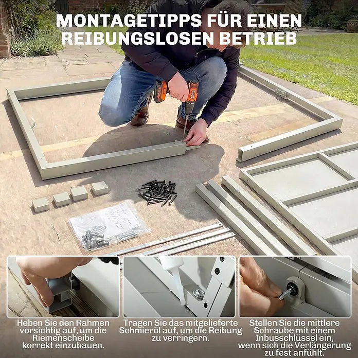 Outsunny Gartentisch - L x B x H: 214 x 85 x 75 cm, Aluminium, Stahl, Hellgrau - Eine Person montiert eine hellgraue Metallrahmenstruktur. Detailaufnahmen zeigen Tipps zum Einbau einer Riemenscheibe, zum Schmieren und Anpassen für reibungslosen Betrieb.