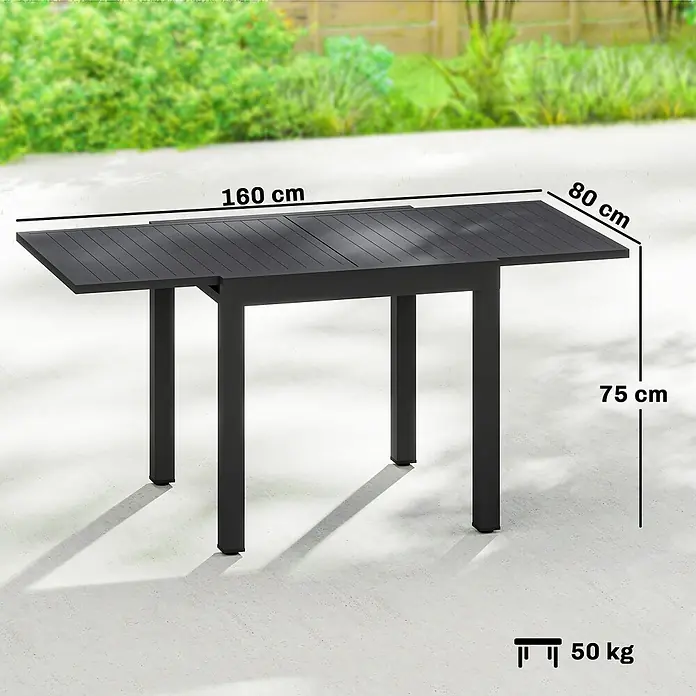 Outsunny Gartentisch - L x B x H: 160 x 80 x 75 cm, Aluminium, Schwarz - Dunkelgrauer ausziehbarer Gartentisch, 160x80x75 cm, 50 kg schwer.