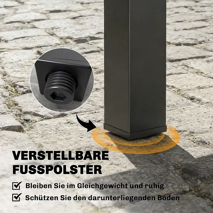 Outsunny Gartentisch - L x B x H: 160 x 80 x 75 cm, Aluminium, Schwarz - Schwarzes verstellbares Fußpolster an einem Tischbein, mit Innensechskantschraube zum Ausgleich auf unebenem Pflaster.