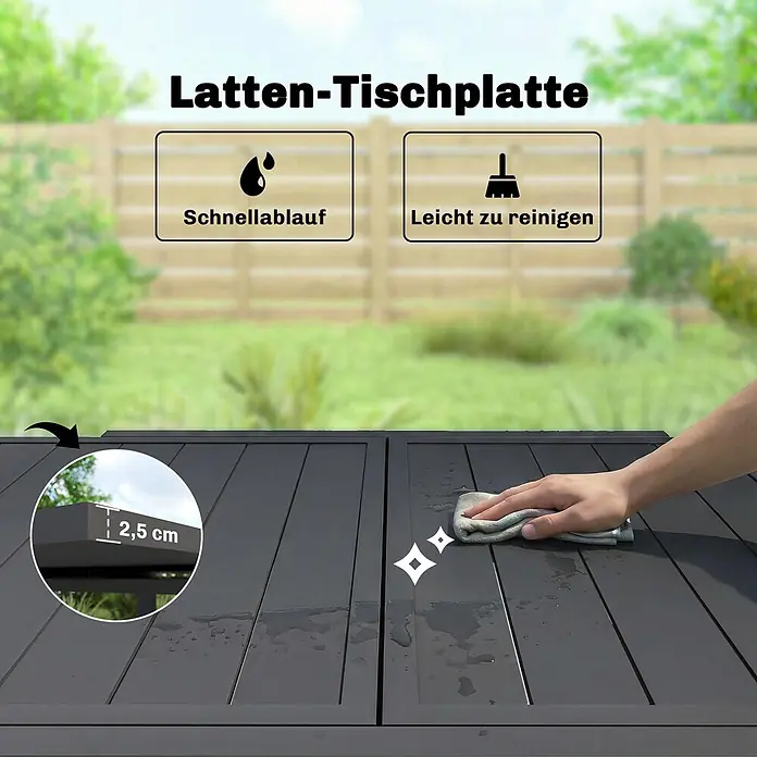 Outsunny Gartentisch - L x B x H: 160 x 80 x 75 cm, Aluminium, Schwarz - Dunkelgraue Latten-Tischplatte, 2,5 cm dick, wird gereinigt. Schnellablauf & leicht zu reinigen.