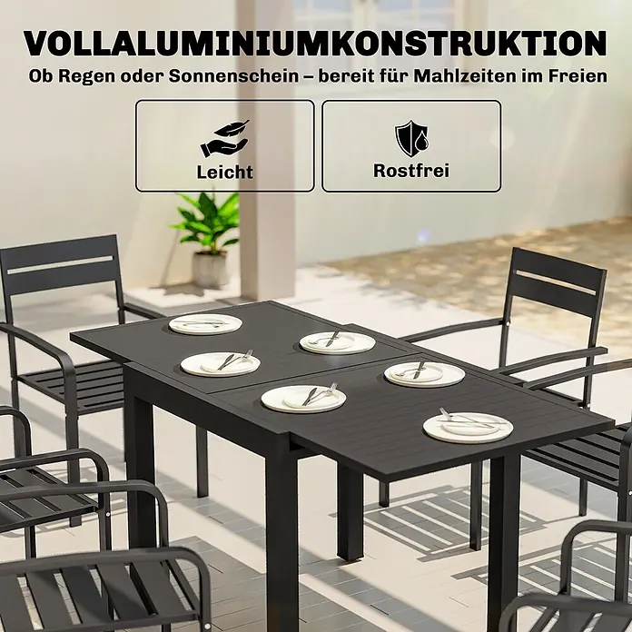 Outsunny Gartentisch - L x B x H: 160 x 80 x 75 cm, Aluminium, Schwarz - Schwarzes Aluminium-Gartenset (Tisch, Stühle) für die Terrasse, leicht & rostfrei für jedes Wetter.