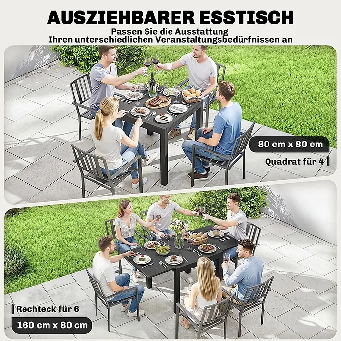 Outsunny Gartentisch - L x B x H: 160 x 80 x 75 cm, Aluminium, Schwarz - Dunkelgrauer ausziehbarer Esstisch, als Quadrat für 4 und als Rechteck für 6 Personen im Freien gezeigt.