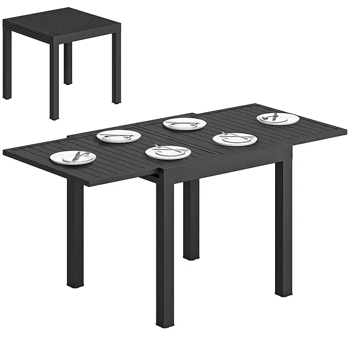 Outsunny Gartentisch - L x B x H: 160 x 80 x 75 cm, Aluminium, Schwarz - Dunkelgrauer ausziehbarer Esstisch aus Metall, gezeigt als quadratischer und verlängerter rechteckiger Tisch mit Gedecken.