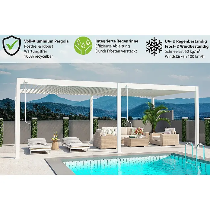 Weide Pergola Deluxe freistehend Aluminium 3,6 x 7,2 m Weiß - B x T: 720 x 360 cm, Farbe Gestell: Sandpapier FinishWeiss / RAL Farbcode 9016, Aluminium - Weiße Aluminium-Pergola mit verstellbaren Lamellen über einer Terrasse mit Pool und Gartenmöbeln.