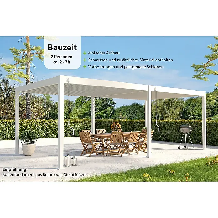 Weide Pergola Deluxe freistehend Aluminium 3,6 x 7,2 m Weiß - B x T: 720 x 360 cm, Farbe Gestell: Sandpapier FinishWeiss / RAL Farbcode 9016, Aluminium - Weiße Pergola spendet Schatten über einem Essbereich im Garten.