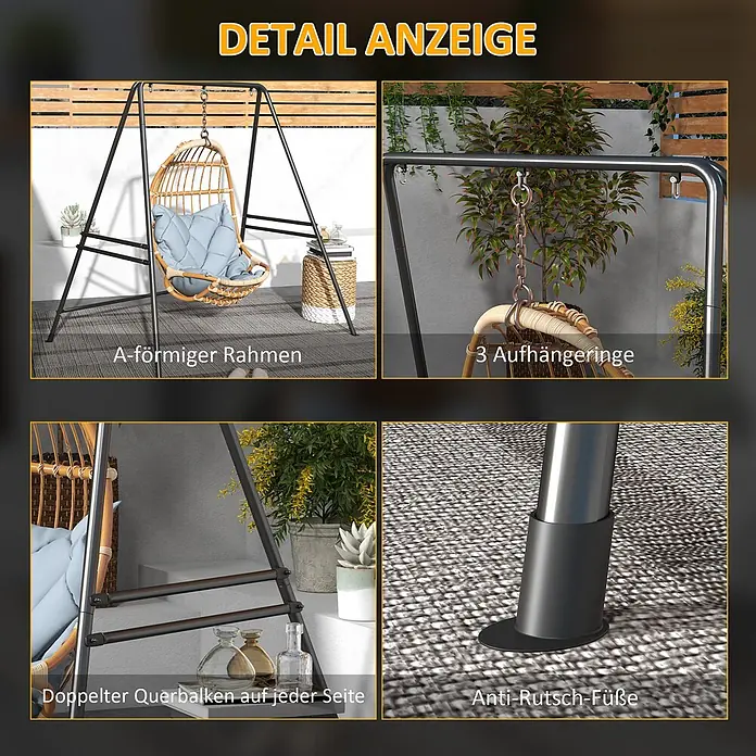 Outsunny Hängesesselgestell - Stahl, Schwarz - Schwarzes Metall-Schaukelgestell mit A-förmigem Rahmen, drei Aufhängeringen, doppelten Querbalken und Anti-Rutsch-Füßen.