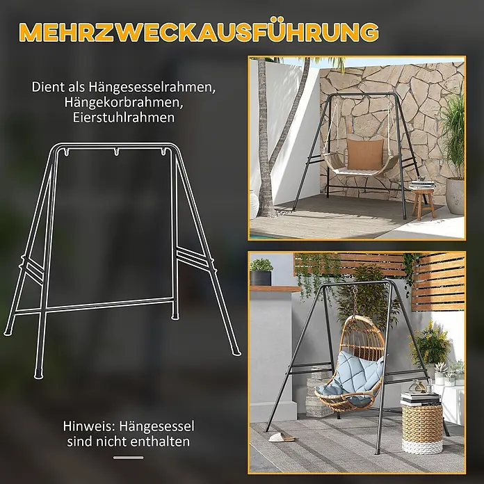 Outsunny Hängesesselgestell - Stahl, Schwarz - Vielseitiger schwarzer Metallrahmen für Hängesessel, mit verschiedenen Hängesitzen gezeigt.