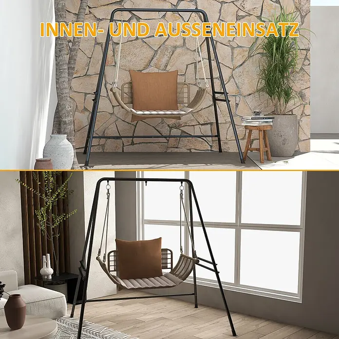 Outsunny Hängesesselgestell - Stahl, Schwarz - Schaukelstuhl mit schwarzem Metallgestell, Rattan-Sitz und Kissen, für Innen- und Außenbereich.
