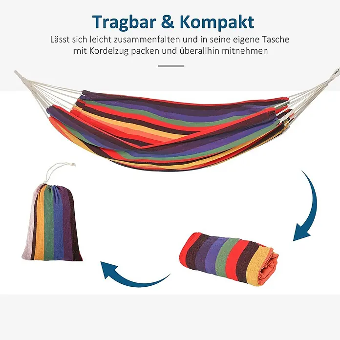 Outsunny Hängematte - L x B: 290 x 150 cm, Textil, Mehrfarbig, Passend für: für draußen - Bunte gestreifte Hängematte, entfaltet, dann kompakt gerollt und schließlich in den passenden Beutel verpackt.