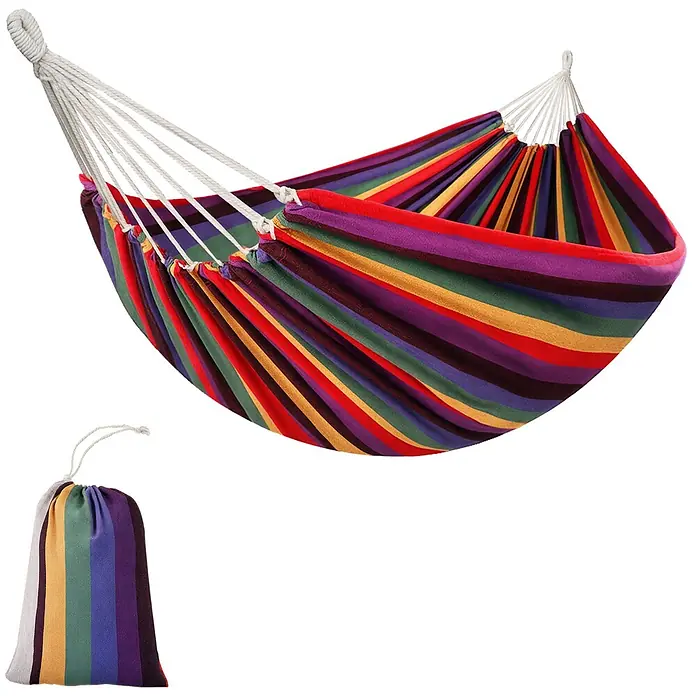 Outsunny Hängematte - L x B: 290 x 150 cm, Textil, Mehrfarbig, Passend für: für draußen - Bunt gestreifte Stoffhänge, mit weißen Seilen, zusammen mit einer passenden Zugbandtasche.