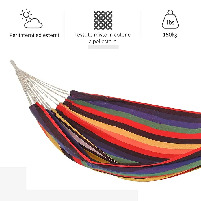 Outsunny Hängematte - L x B: 290 x 150 cm, Textil, Mehrfarbig, Passend für: für draußen - Mehrfarbige Hängematte aus Baumwoll-Polyester-Mischgewebe, für innen und außen, bis 150kg Tragkraft.