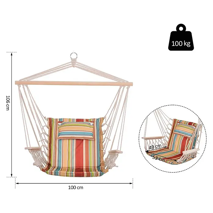 Outsunny Hängematte - Polyester, Mehrfarbig, Passend für: Dekoration für drinnen und draußen - Bunter gestreifter Hängesessel mit Holzspreizstange und Seilaufhängung, 106x100 cm groß und 100 kg tragend.