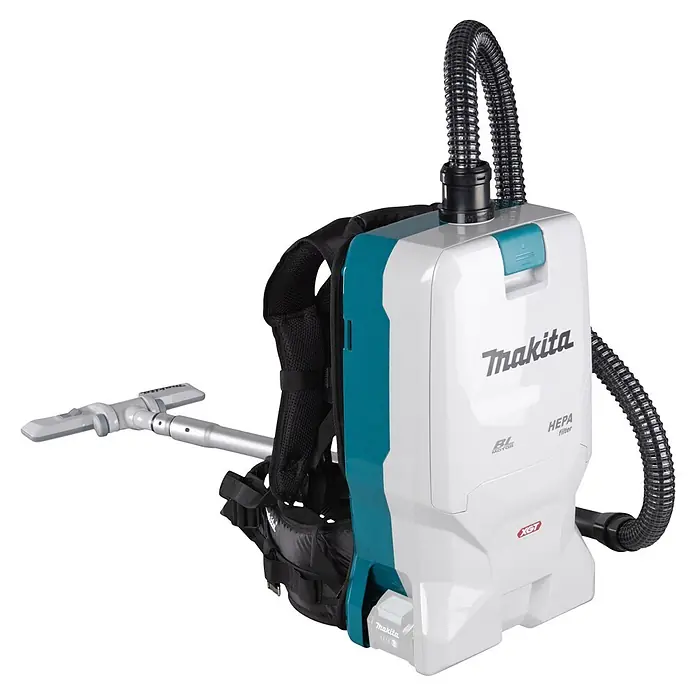 Makita XGT 40V max. Akku-Rucksackstaubsauger VC011GZ01 - 40 V, Anzahl Akkus: Ohne Akku, Behältervolumen: 6 l - Makita XGT Rucksackstaubsauger in Weiß und Türkis mit schwarzen Gurten, Schlauch und Reinigungsdüse. Verfügt über BL Motor und HEPA Filter.