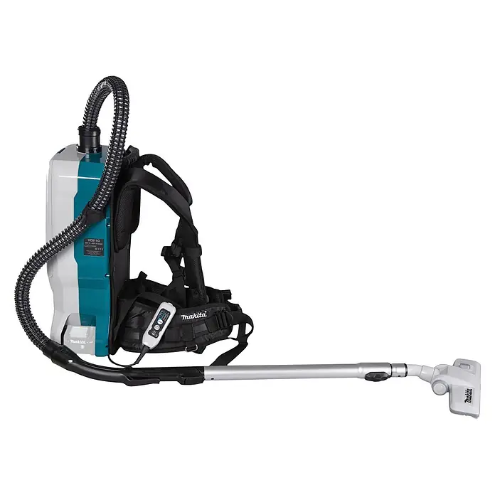Makita XGT 40V max. Akku-Rucksackstaubsauger VC011GZ01 - 40 V, Anzahl Akkus: Ohne Akku, Behältervolumen: 6 l - Makita Rucksackstaubsauger, weiß und türkis mit schwarzen Gurten und Schlauch, silberner Stange und weißer Bodendüse.