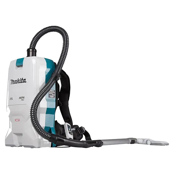 Makita XGT 40V max. Akku-Rucksackstaubsauger VC011GZ01 - 40 V, Anzahl Akkus: Ohne Akku, Behältervolumen: 6 l - Makita XGT Rucksackstaubsauger in Weiß und Türkis mit schwarzem Schlauch und silberner Stange.