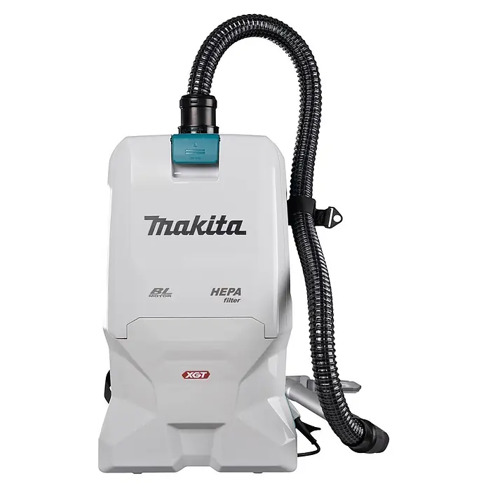 Makita XGT 40V max. Akku-Rucksackstaubsauger VC011GZ01 - 40 V, Anzahl Akkus: Ohne Akku, Behältervolumen: 6 l - Weißer Makita Rucksackstaubsauger mit schwarzem Wellschlauch, mit BL-Motor und HEPA-Filter.