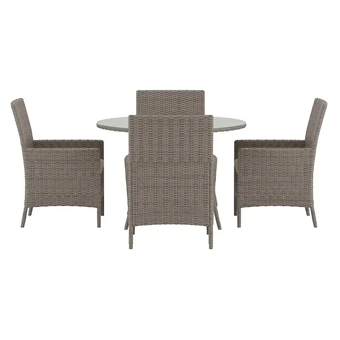 Ebuy24 Gartentisch-Set Lefkas - Gesamtumfang: 7 -tlg., L x B x H: 110 x 110 x 72 cm, Ø x H: 110 x 72 cm, Geflechtmöbel, Stapelbar - Grau geflochtene Outdoor-Essgruppe mit rundem Glastisch und vier Stühlen.