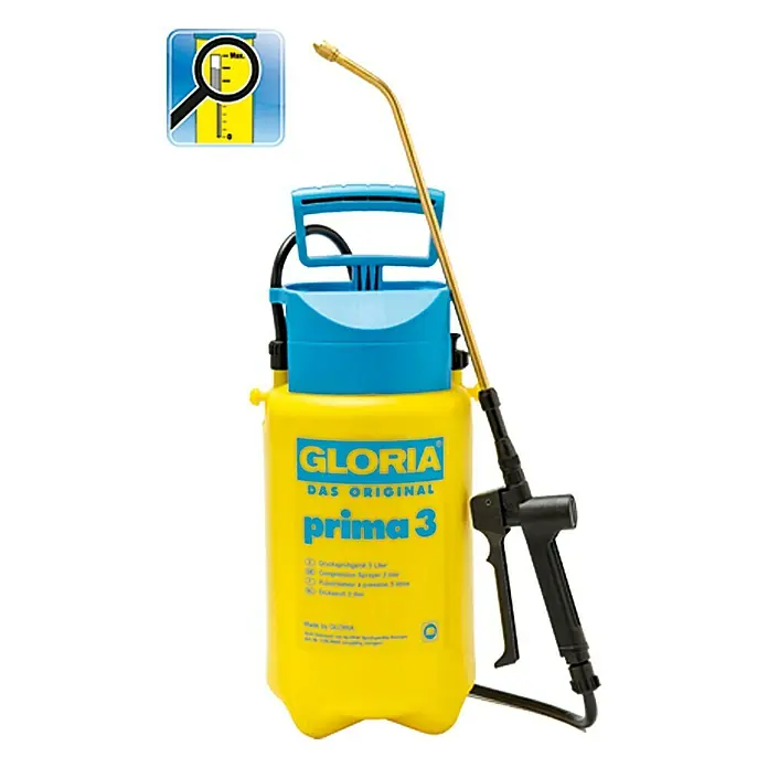 Gloria Drucksprühgerät Prima 3 mit verstellbarer Messingdüse - 3 l - Gelbe Gloria Prima 3 Drucksprühflasche mit blauem Oberteil und schwarzem Sprühgriff.