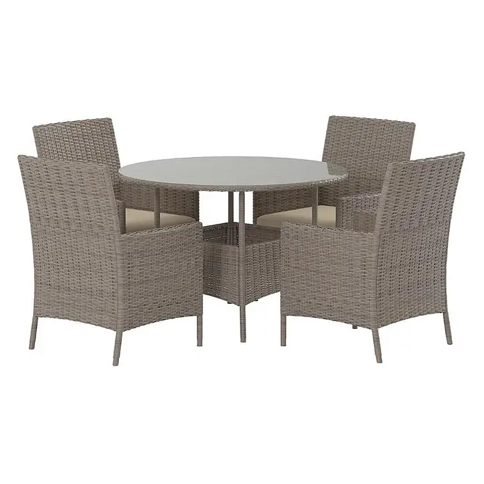 Ebuy24 Gartentisch-Set Lefkas - Gesamtumfang: 7 -tlg., L x B x H: 110 x 110 x 72 cm, Ø x H: 110 x 72 cm, Geflechtmöbel, Stapelbar - Graues Rattan-Gartenset mit rundem Glastisch und vier Stühlen mit beigen Kissen.