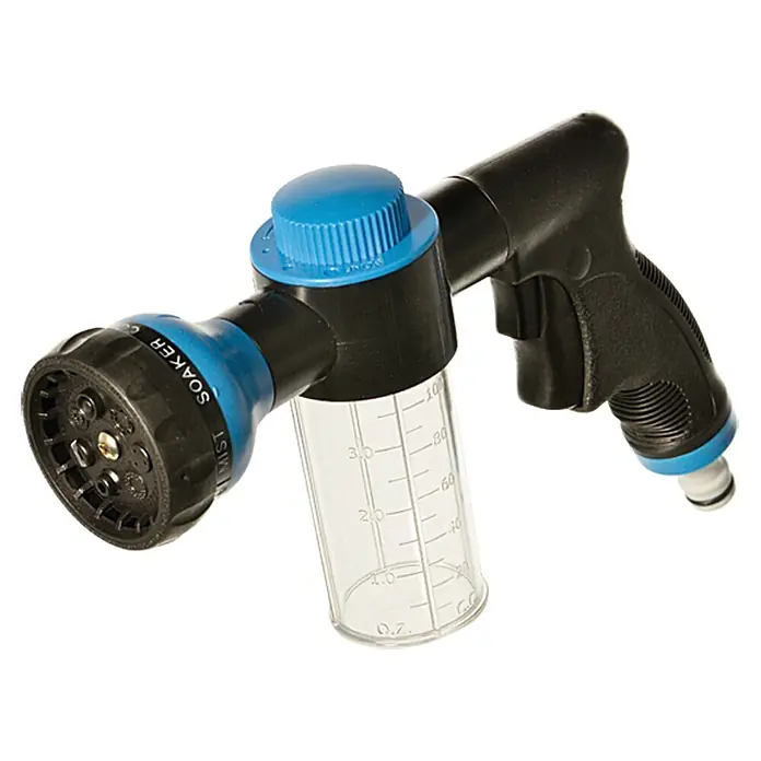 Yachticon Spritzpistole - 7 Sprühdüsen, Automatisch Selbstdosierung - Wasserpistole mit Düse und Behälter zur einfachen Gartenbewässerung. Ideal für Pflanzenpflege und Reinigung im Außenbereich.
